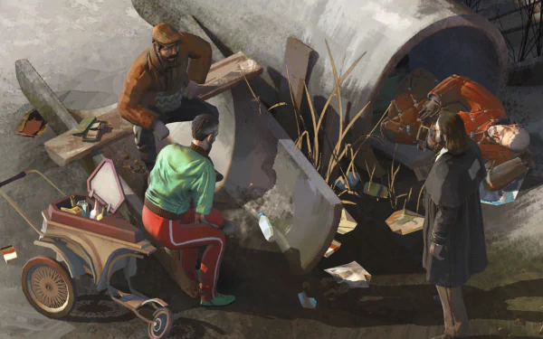 HD desktop wallpaper of Disco Elysium featuring characters engaging in discussion by a makeshift stall.