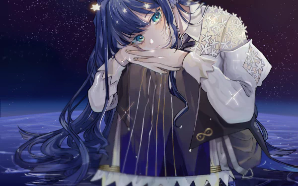 HD PC desktop wallpaper featuring Astesia from the video game Arknights, showcasing her intricate outfit and serene expression against a starry night backdrop.