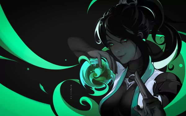 HD wallpaper and background featuring Sage from the video game Valorant, illustrated in a dynamic pose with vibrant green and black colors.