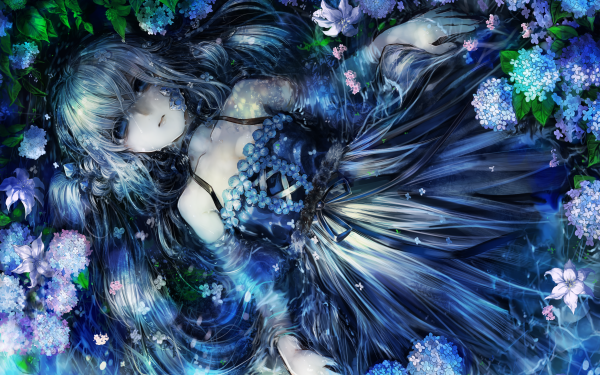 Anime Girl Dress Flower Long Hair White Hair Blue Eyes HD Wallpaper | Background Image