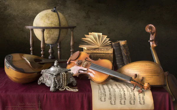 globe necklace book violin sheet music mandolin photography still life HD Desktop Wallpaper | Background Image