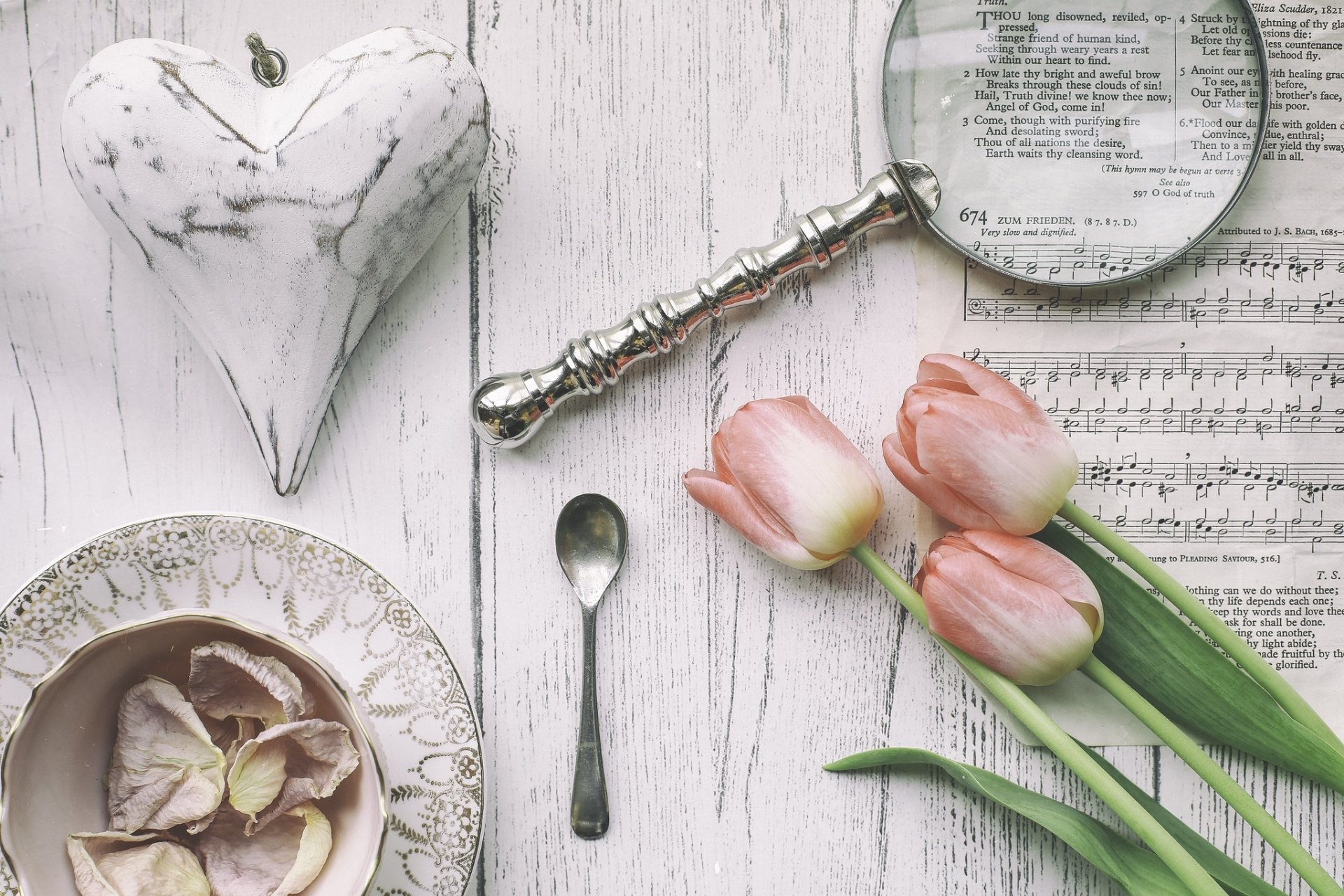 Download Sheet Music Heart Spoon Tulip Magnifying Glass Photography Vintage HD Wallpaper