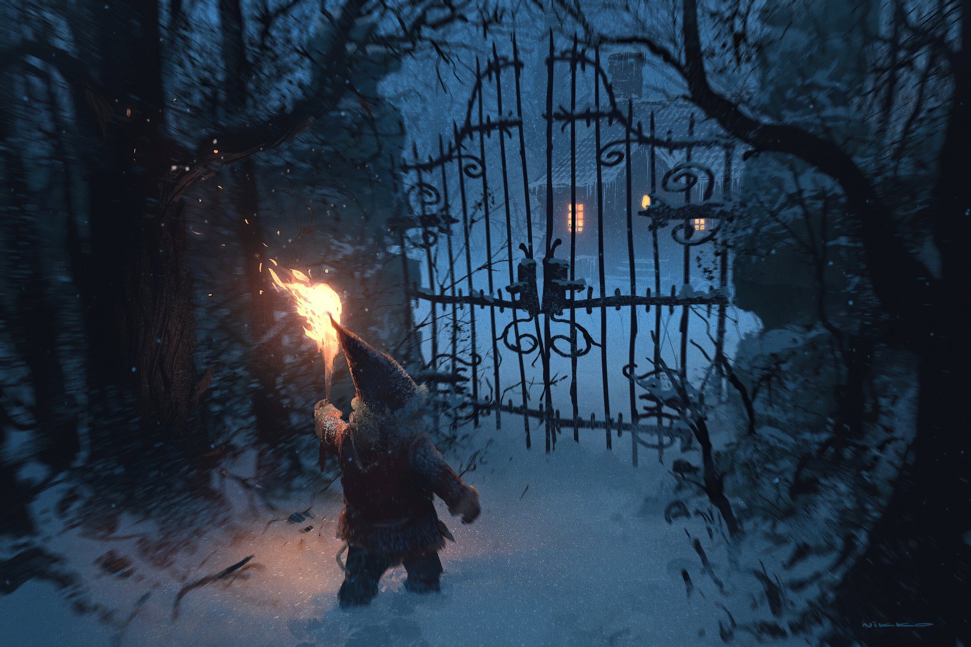 Download Night Dark Torch Snow Artistic Winter Gate Winter Night Night Snow 4k Ultra HD Wallpaper