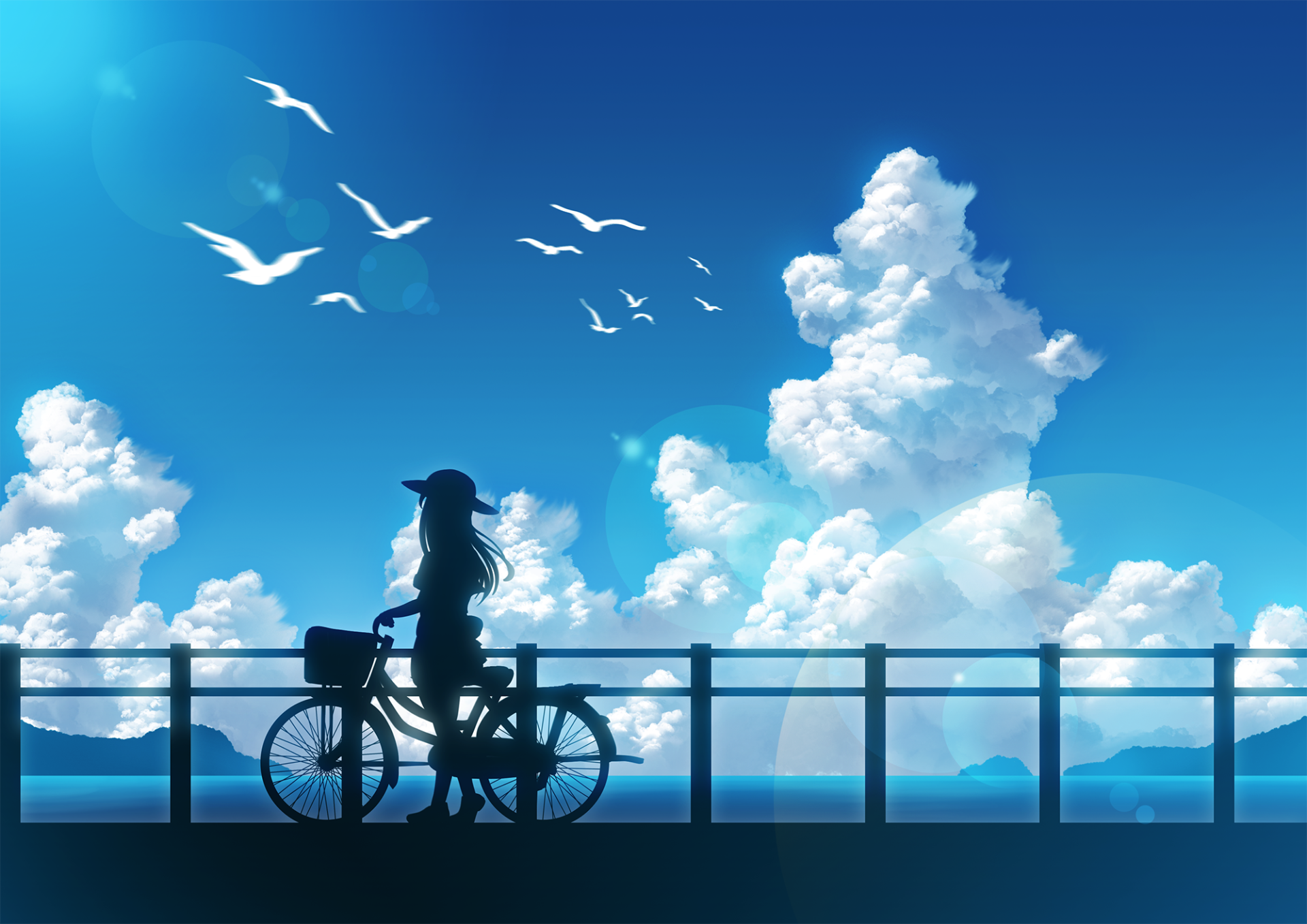 Anime-inspired HD wallpaper of a girl with a bike on a summer day, overlooking a scenic view of blue sky, fluffy clouds, and flying birds.