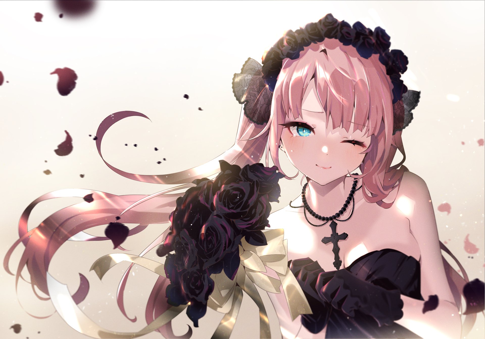 Anime-style original character with pink hair and blue eyes, dressed in black with roses and cross accessories, rendered in vibrant 4K Ultra HD for PC desktop wallpaper.