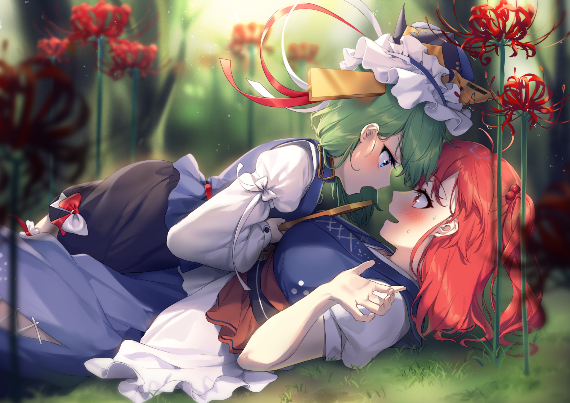 HD Touhou anime wallpaper: Shikieiki Yamaxanadu (green hair) and Komachi Onozuka (red hair) in a close pose on grass among red spider lilies — HD PC desktop background
