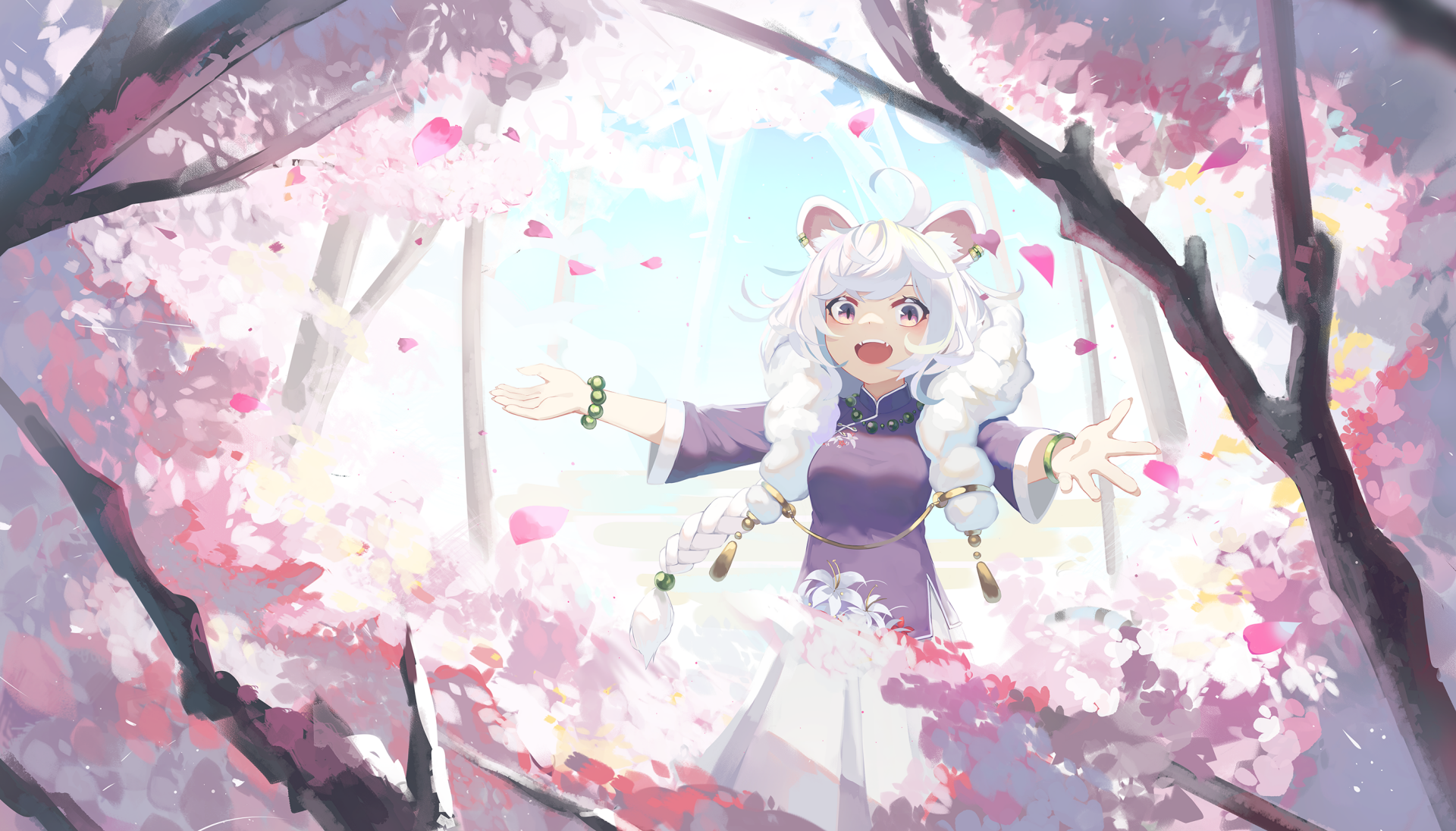 HD anime desktop wallpaper featuring an original character with long white hair and animal ears, surrounded by vibrant pink cherry blossoms in a serene outdoor setting.