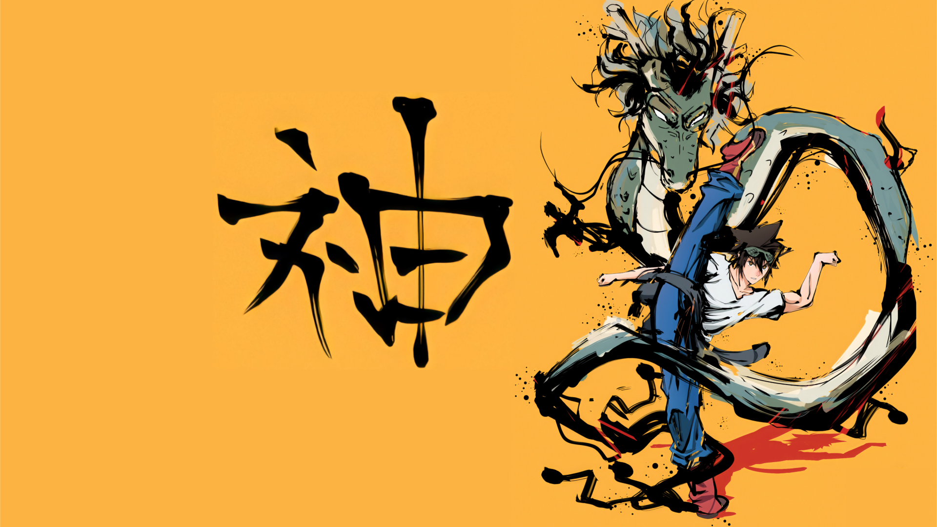 Jin Mori from The God of High School anime striking a dynamic pose alongside a dragon, featured in a vibrant 4K Ultra HD PC desktop wallpaper.