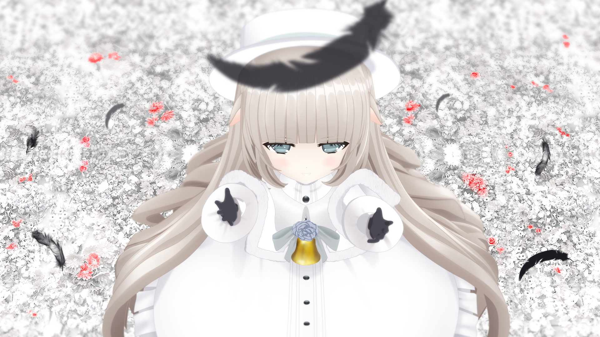Merry Milk anime Virtual YouTuber in a white dress with bell, pale long hair and calm expression, surrounded by floating black feathers and sparkles — HD PC desktop wallpaper
