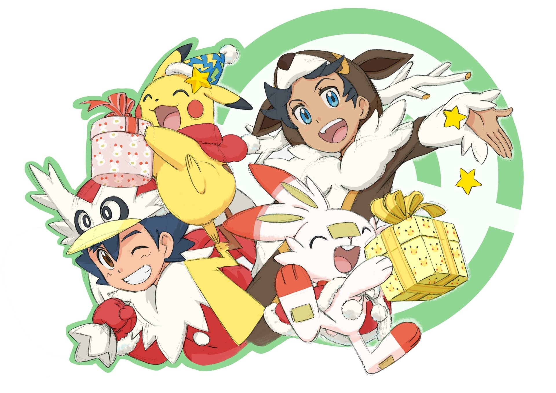 Ash Ketchum and Goh in fluffy Christmas coats—Goh winking with blue eyes, both smiling as Pikachu and Scorbunny cheerfully hold wrapped presents — anime Pokémon Christmas 4K desktop wallpaper.