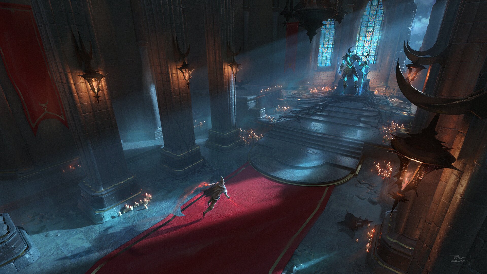 HD PC desktop wallpaper of a fantasy warrior kneeling on a red carpet in a candlelit cathedral, shafts of light illuminating statues and a distant armored figure.
