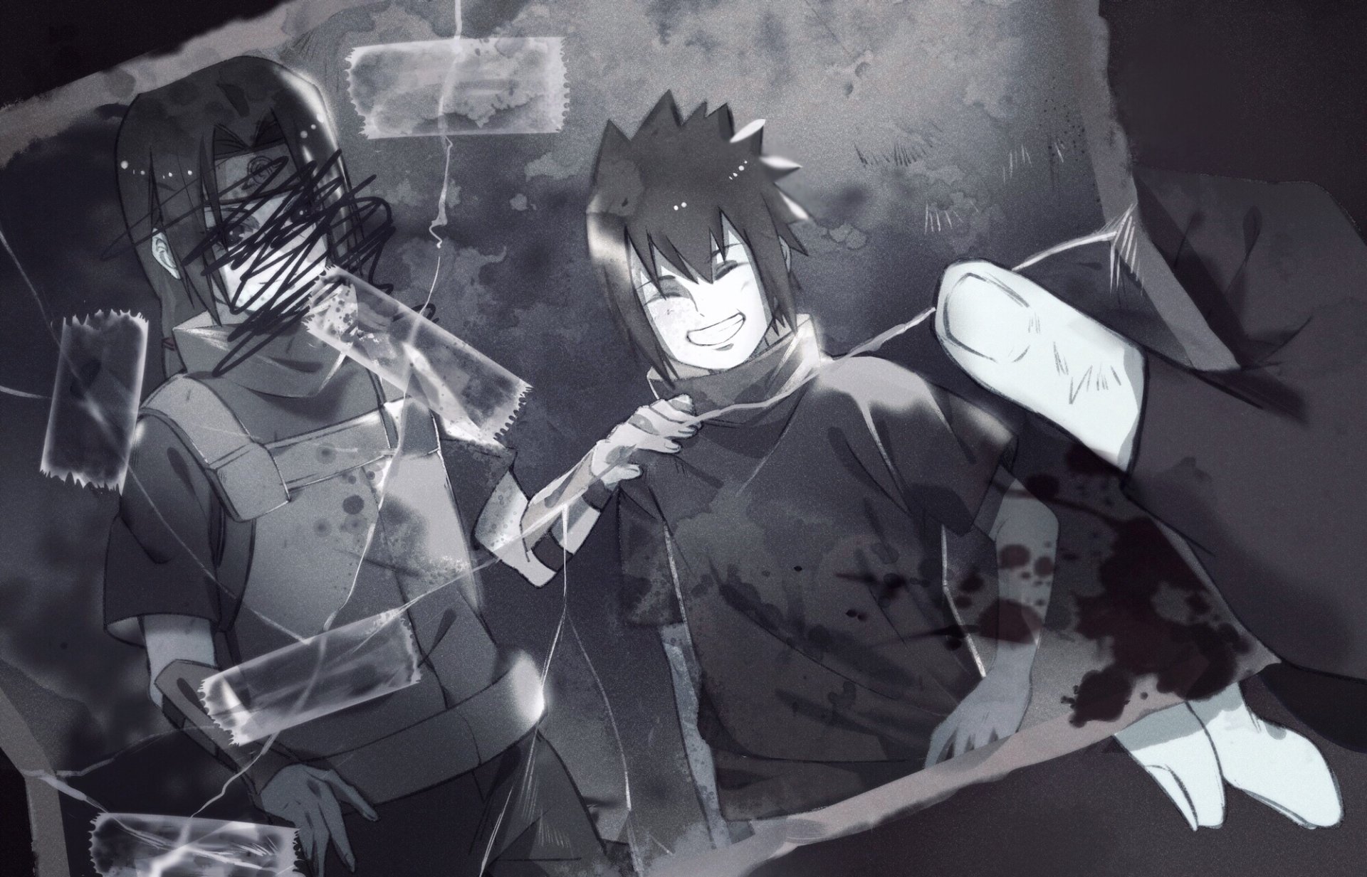 HD PC wallpaper featuring anime characters Sasuke Uchiha and Itachi Uchiha from Naruto in a dramatic, monochrome scene with torn photo effects.