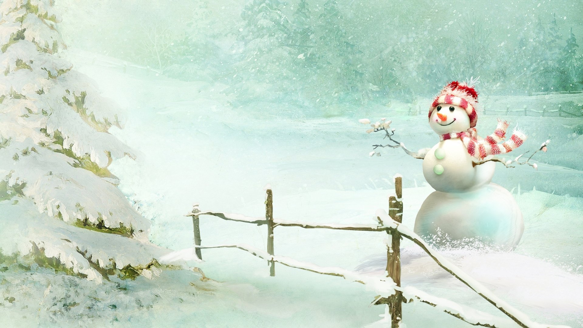 Artistic HD desktop wallpaper featuring a serene winter scene with a snowman beside a wooden fence, a snow-covered tree, and a snowy background.