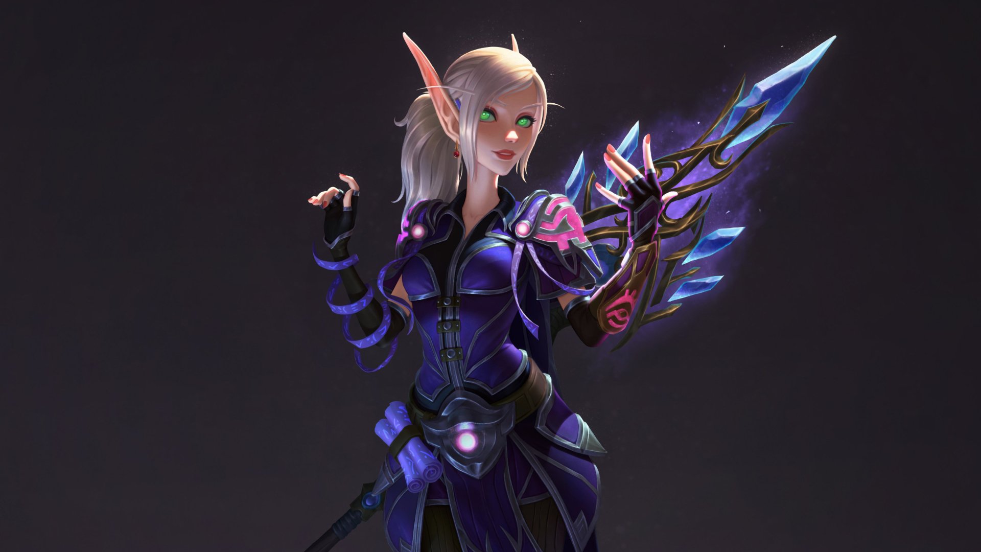 A fantasy elf with pointed ears, glowing green eyes, and blonde hair holds a glowing, ornate weapon, set against a dark background in this HD PC desktop wallpaper.