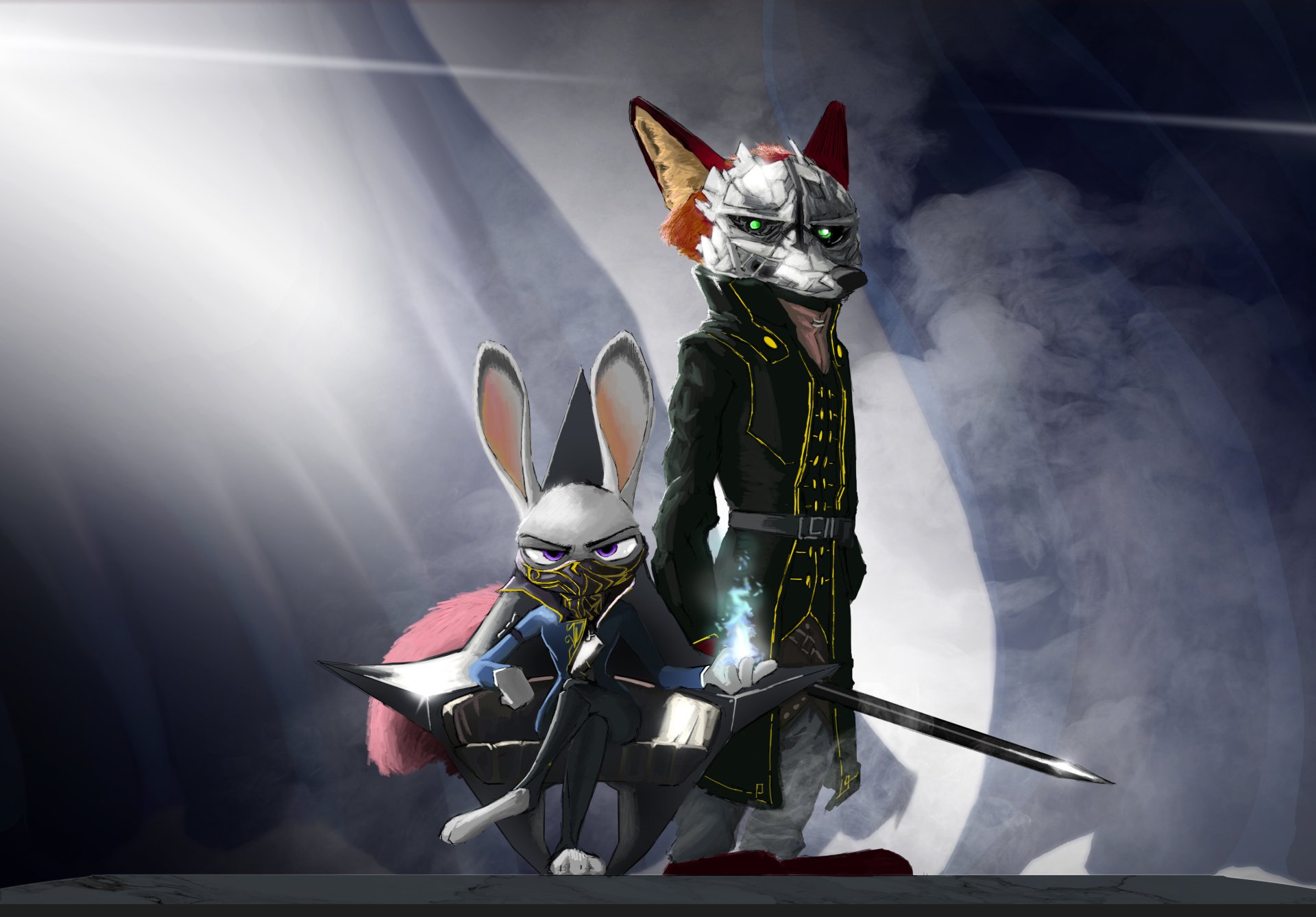 4K PC Zootopia crossover wallpaper: Nick Wilde and Judy Hopps in Dishonored-style outfits and masks, wielding sword and blade, standing in misty, dramatic light.