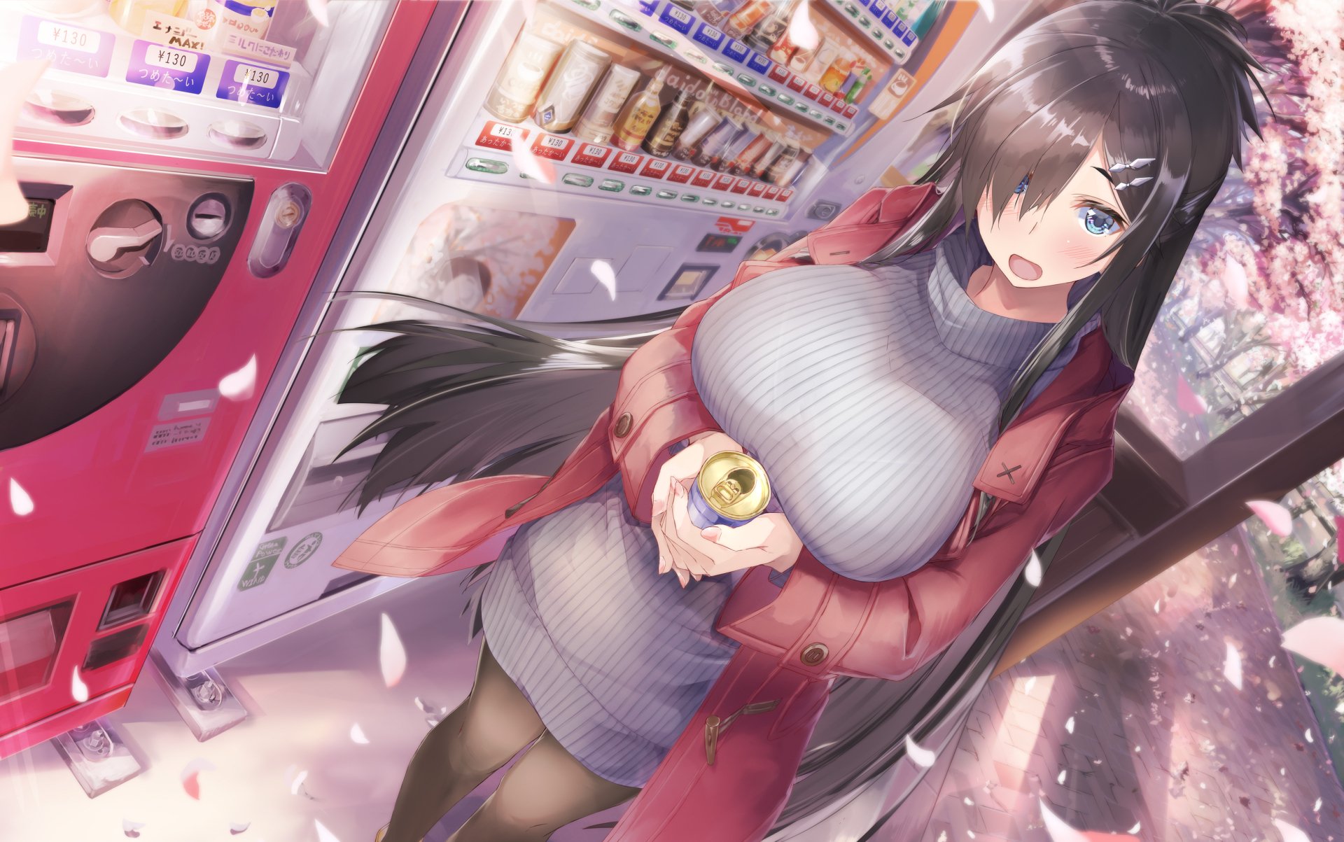 HD anime original artwork of a girl with long dark hair holding a can, standing near vending machines and cherry blossoms, designed as a PC desktop wallpaper.