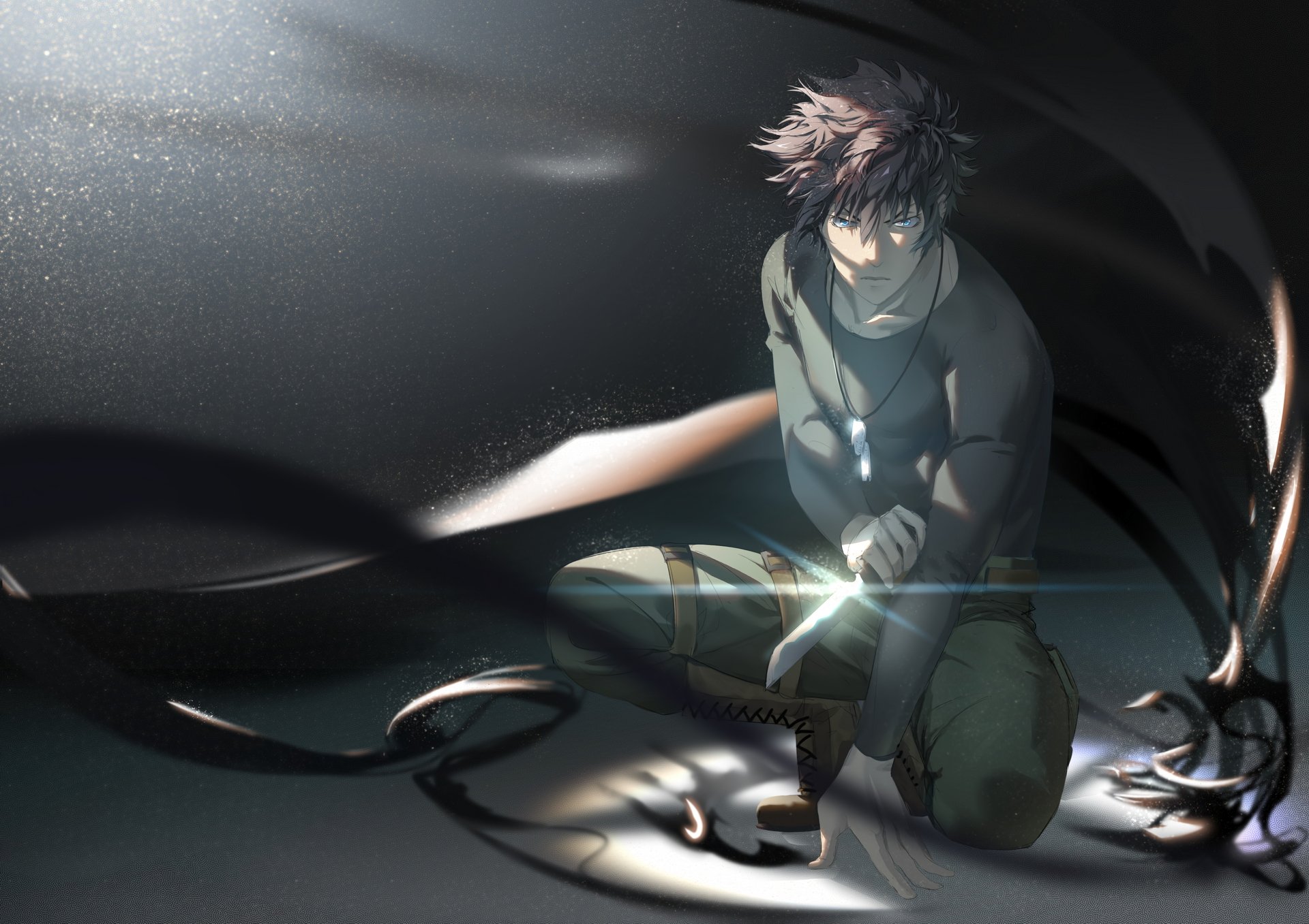 Shinya Kogami (Psycho-Pass) kneeling with a knife amid swirling dark shadows and tendrils, moody anime HD PC desktop wallpaper.