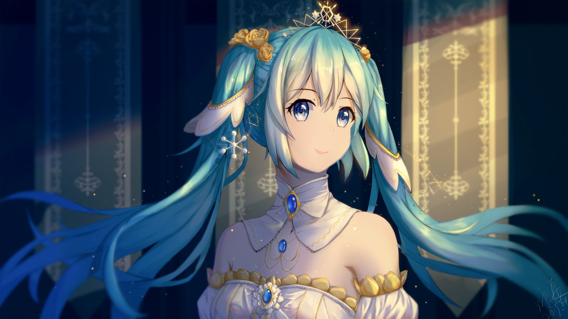 HD desktop wallpaper featuring Hatsune Miku, an anime Vocaloid character with long blue hair styled in twin tails. She is dressed in an elegant outfit, with a serene expression, set against a detailed background.