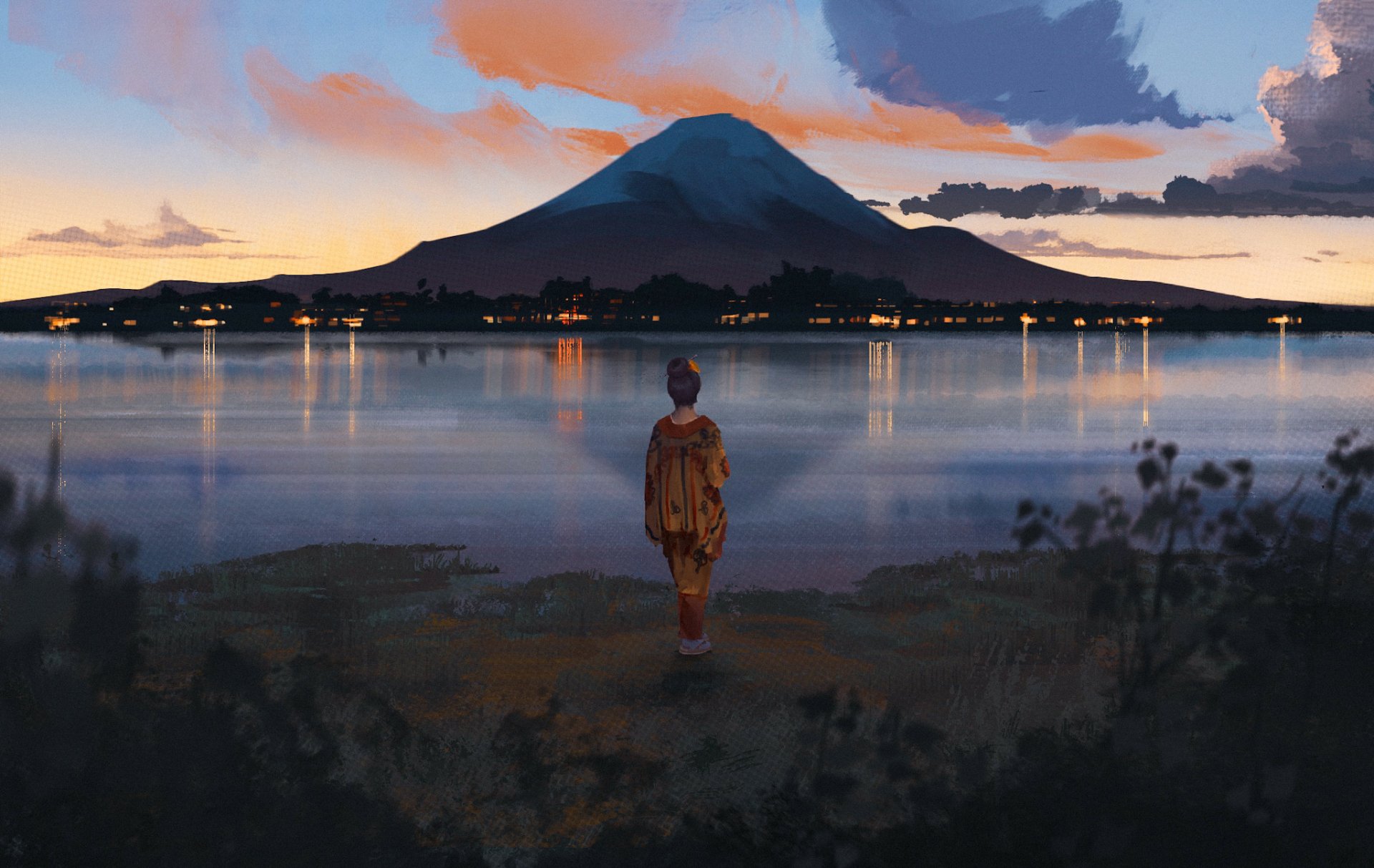 HD anime desktop wallpaper depicting a lone figure standing by a lake at dusk, facing a large mountain with a colorful sky reflected in the water.