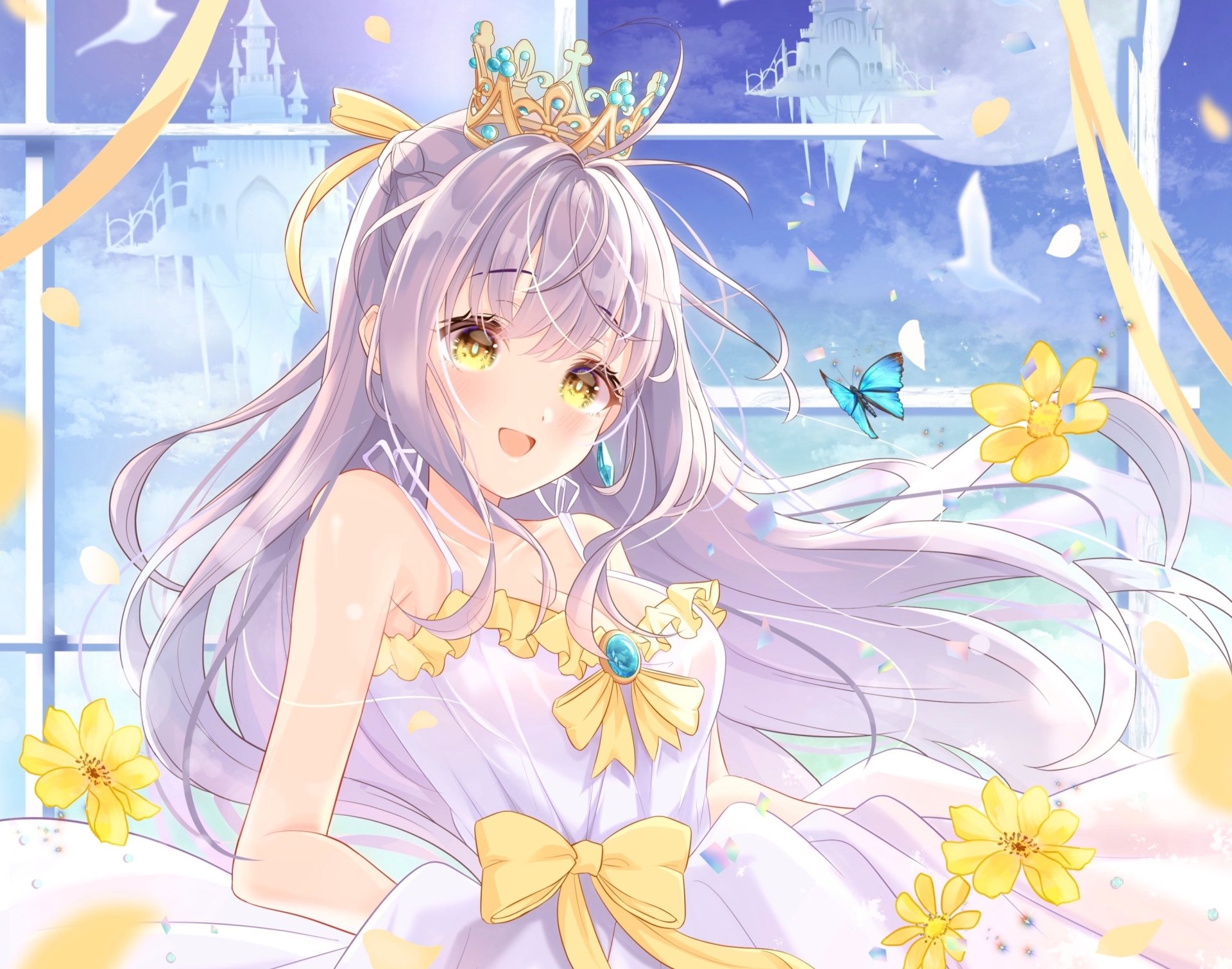 Download Castle Butterfly White Dress Yellow Eyes Grey Hair Flower Anime Girl Anime Girl HD Wallpaper by 盧
