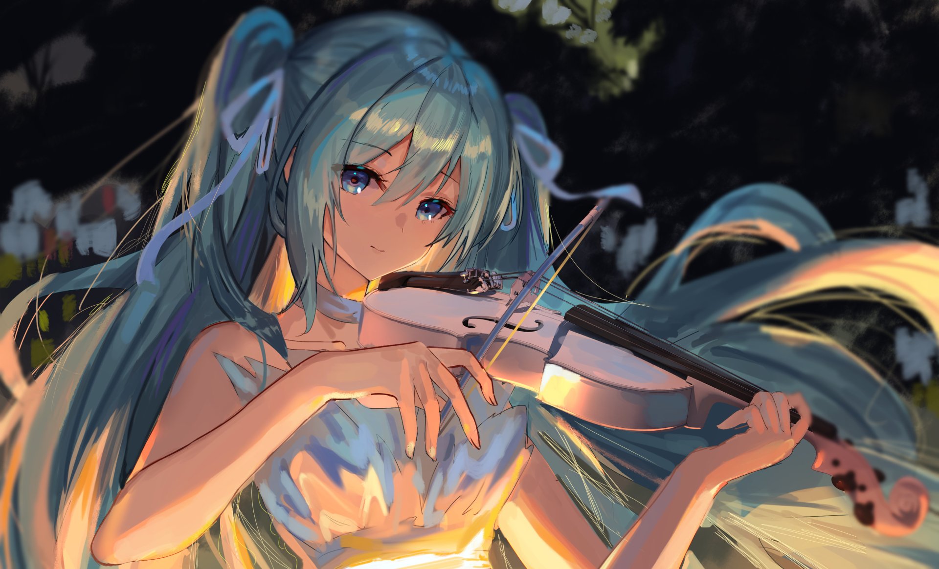 HD anime wallpaper featuring Hatsune Miku from Vocaloid playing the violin under soft, glowing light with her iconic turquoise twin-tails flowing gently.