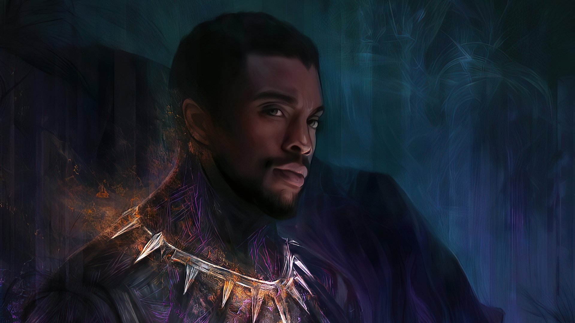 4K Ultra HD PC desktop wallpaper of T'Challa (Black Panther) in a cinematic movie-style portrait, wearing the Vibranium necklace against a moody blue backdrop.
