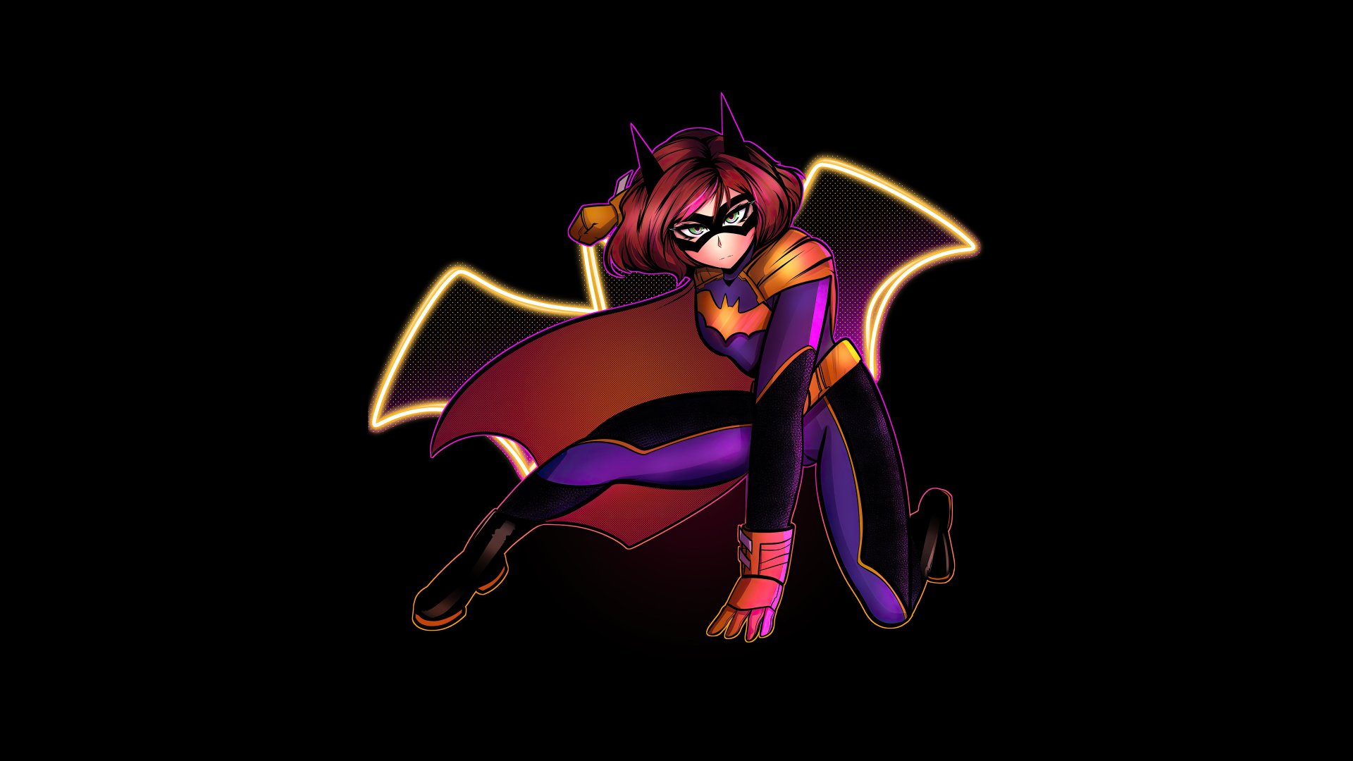 4K Ultra HD PC desktop wallpaper featuring Batgirl in vibrant purple and orange costume, set against a dark background with glowing bat wings, from DC Comics.