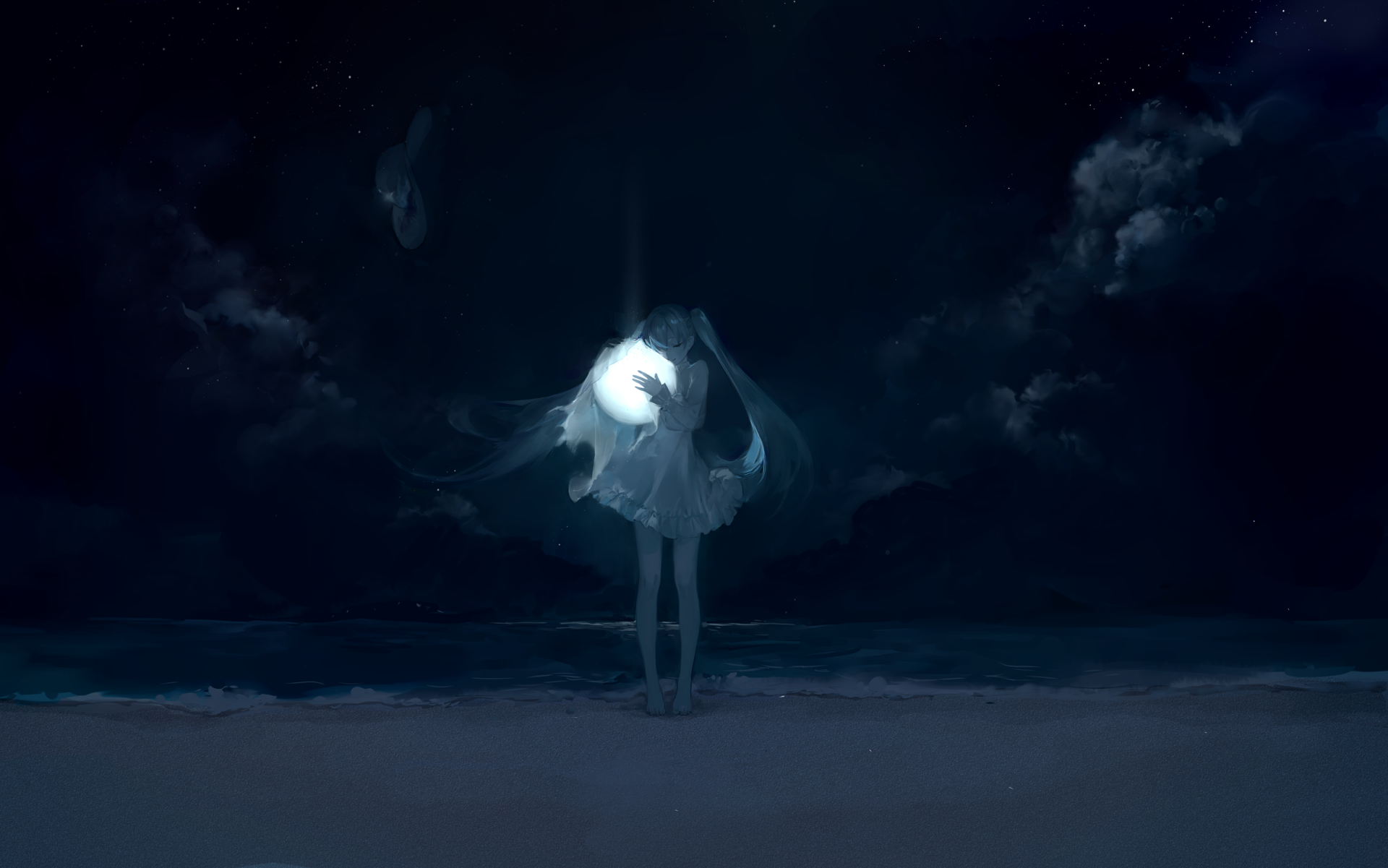 Anime-style HD desktop wallpaper featuring Vocaloid Hatsune Miku with long blue hair and a dress, standing barefoot under a dark, cloudy night sky.