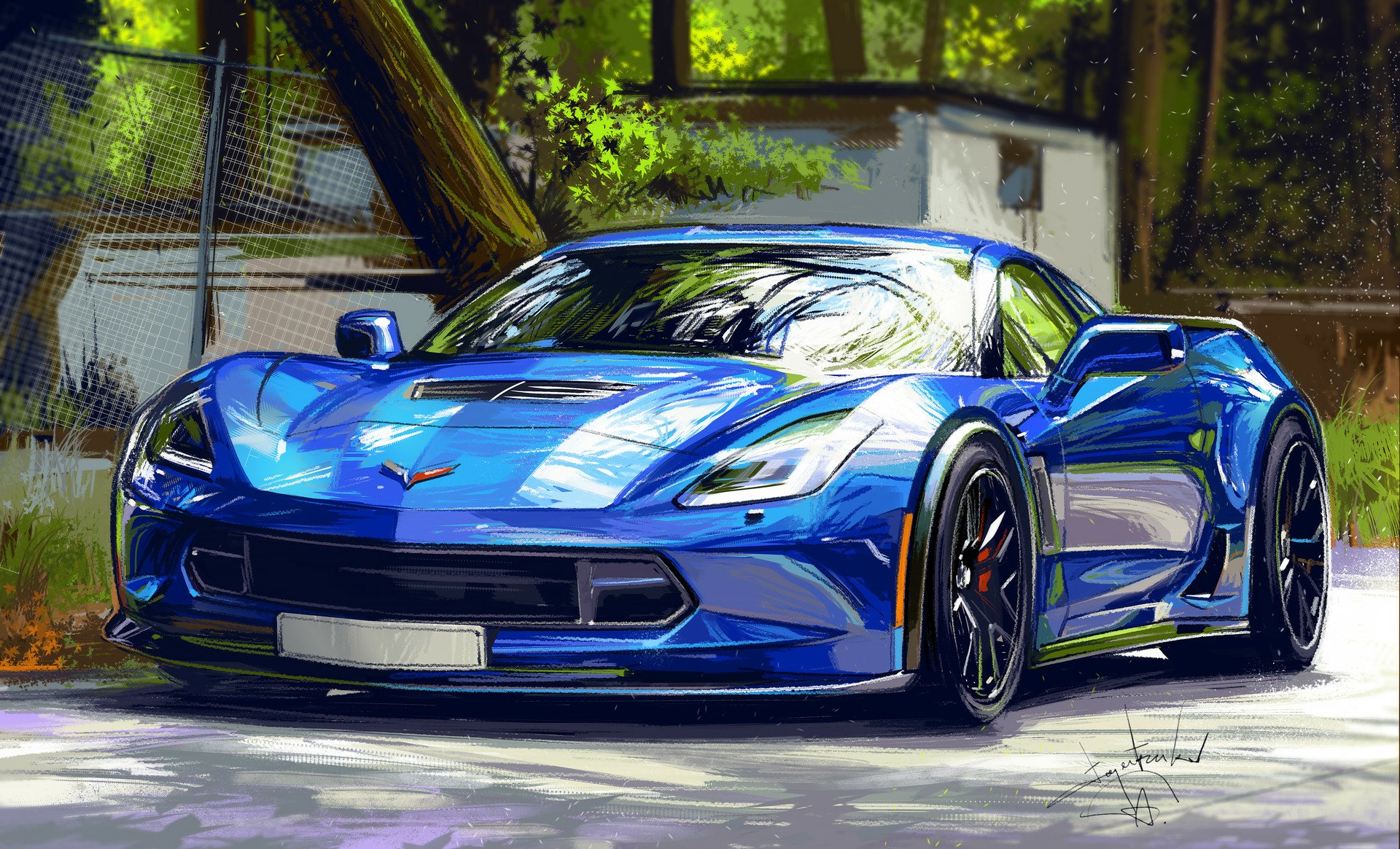 A vibrant blue Chevrolet Corvette (C7) parked outdoors, captured in a high-definition PC desktop wallpaper and background style.