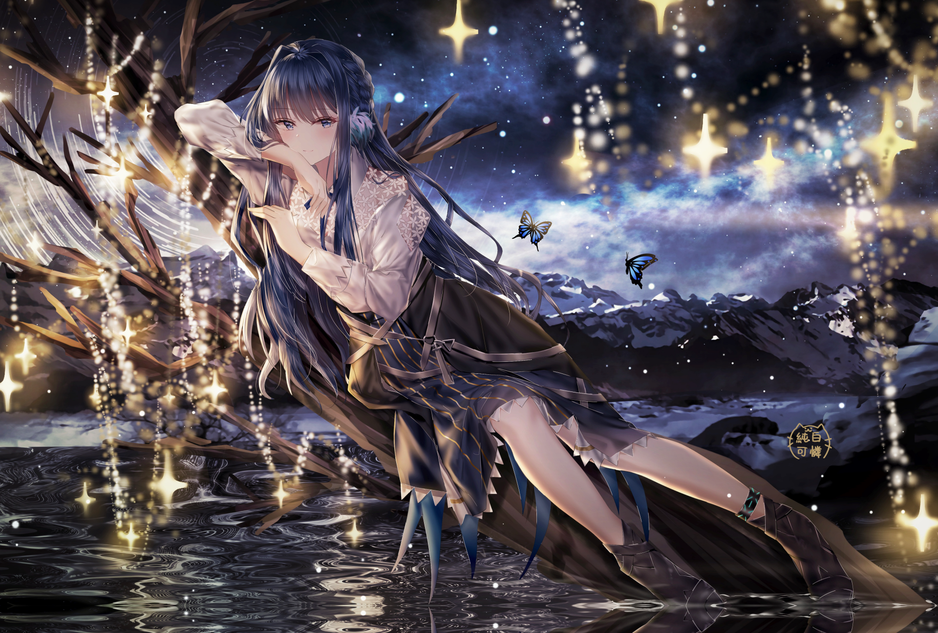 Astesia from Arknights in a detailed 4K Ultra HD video game wallpaper, featuring a starry night sky and reflective water with glowing butterflies.