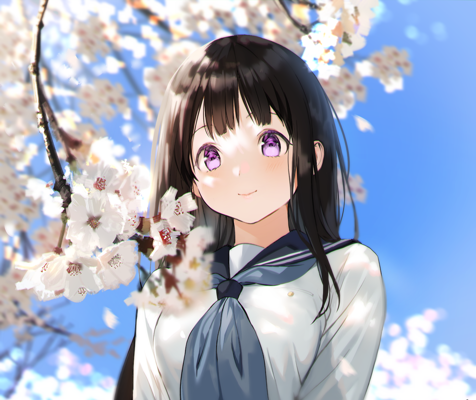 HD anime desktop wallpaper featuring Eru Chitanda from Hyouka, smiling softly against a backdrop of blooming cherry blossoms.