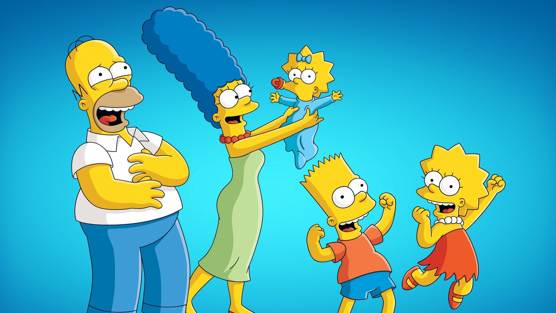 2K Quad HD PC desktop wallpaper of The Simpsons — Homer, Marge (holding baby Maggie), Bart and Lisa cheering on a bright blue background.