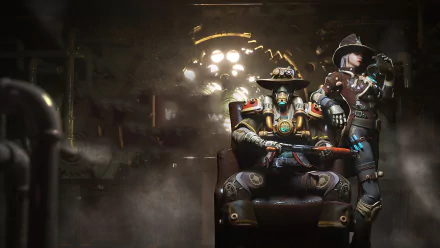 4K Ultra HD Garena Free Fire wallpaper featuring two armored characters, one seated with a weapon and the other standing, set against a dark urban background.