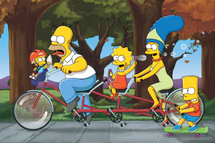 The Simpsons family—Homer, Marge, Bart, Lisa, and Maggie—enjoy a fun outdoor ride together in this vibrant 4K Ultra HD desktop wallpaper from the TV show.