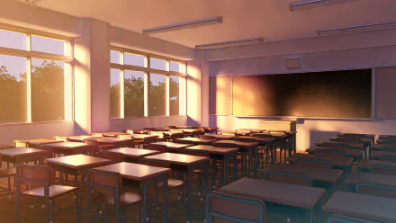 HD anime classroom wallpaper depicting an empty sunlit classroom with rows of desks, large windows, and a blackboard, capturing a warm and serene atmosphere.