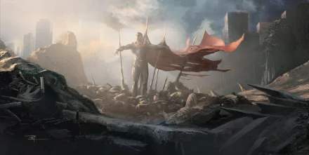 DC Comics comic-style Superman stands amid a ruined city, cape billowing over fallen debris under a stormy sky — 2K Quad HD PC desktop wallpaper/background.