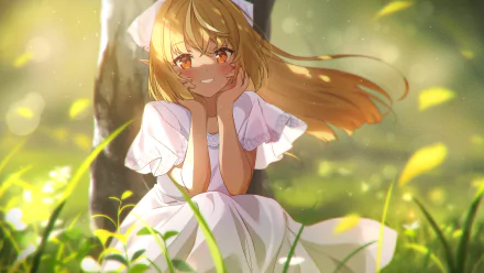 HD anime wallpaper featuring Shiranui Flare from Hololive with orange eyes and flowing blonde hair, wearing a white dress in a sunlit outdoor setting.