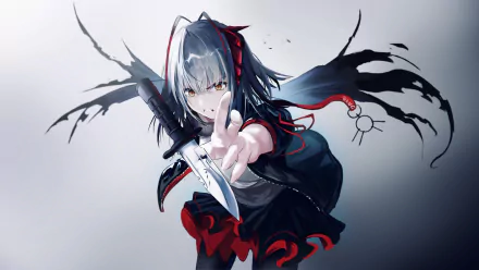 4K Ultra HD Arknights wallpaper featuring Knife W, a character from the video game, wielding a large knife with dynamic, dark wing-like shadows in the background.