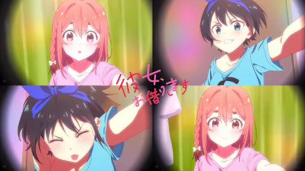 4K Ultra HD desktop wallpaper featuring Sumi Sakurasawa and Ruka Sarashina from the anime Kanojo Okarishimasu (Rent-A-Girlfriend) in vibrant, colorful scenes.