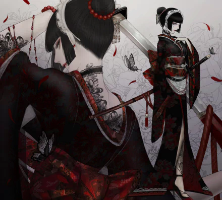 HD anime original artwork featuring two mysterious figures in traditional attire with intricate tattoos and a dark, detailed background, designed as a PC desktop wallpaper.