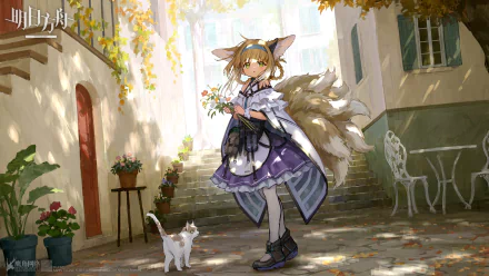 Suzuran from Arknights features blonde hair, animal ears, and green eyes. She holds flowers in a charming outdoor setting, accompanied by a white cat. A vibrant HD wallpaper from the game.