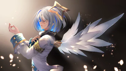 HD anime PC wallpaper featuring Amane Kanata from Hololive with short white hair, angelic wings, and a star hair accessory in a glowing, ethereal setting.