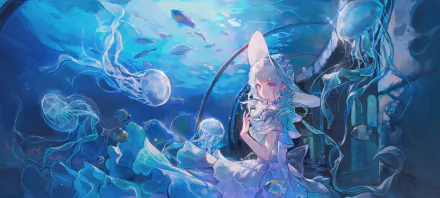 Anime-style original HD PC desktop wallpaper featuring a girl in a flowy dress surrounded by glowing jellyfish in an underwater scene.