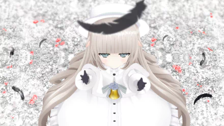 Merry Milk anime Virtual YouTuber in a white dress with bell, pale long hair and calm expression, surrounded by floating black feathers and sparkles — HD PC desktop wallpaper