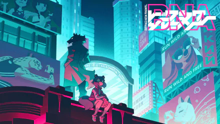 HD desktop wallpaper of Brand New Animal featuring characters overlooking a neon-lit cityscape, emblazoned with the show's title BNA.