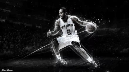 HD desktop wallpaper featuring a dynamic black and white image of Kawhi Leonard in action during a Spurs basketball game.