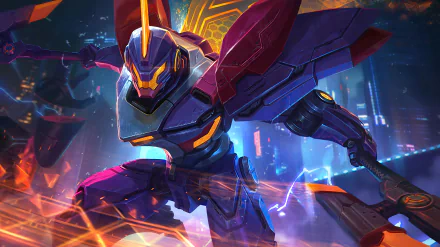 HD desktop wallpaper featuring a dynamic robot from the video game Arena of Valor, set against a vibrant cityscape background with futuristic elements and glowing effects.