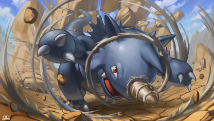 HD anime-style desktop wallpaper featuring Rhydon, the rock-ground Pokémon, breaking through rocky terrain with dynamic motion and vibrant colors.