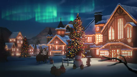 HD winter holiday scene with brightly lit houses, a decorated Christmas tree, a snowman, and the aurora borealis glowing overhead against a snowy night sky.