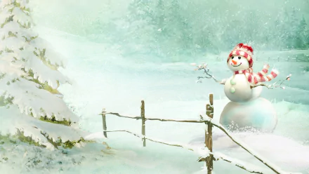 Artistic HD desktop wallpaper featuring a serene winter scene with a snowman beside a wooden fence, a snow-covered tree, and a snowy background.